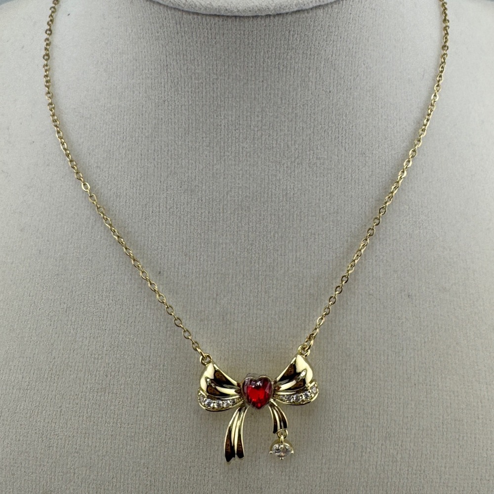 Gold‎ Tone Bow Necklace with Red Heart Crystal and Pavé Accents